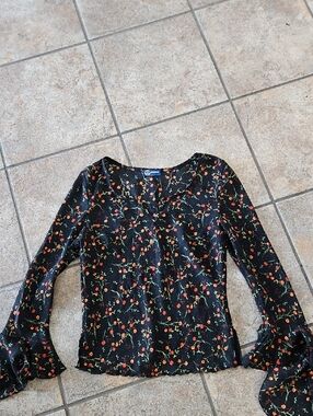Semi Sweet Black Floral Long-Sleeve Blouse with Red Orange Floral Print